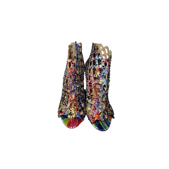 Zigi Cage Heels Ankle Boot Duran Pumps Size 6 Zip Stiletto Rainbow Watercolor - Picture 5 of 14